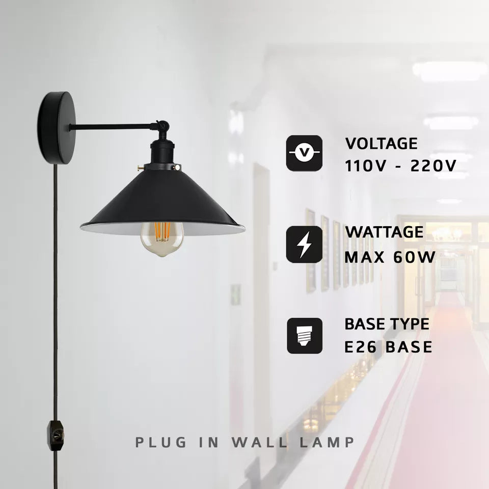 Industrial Plug-In Wall Light Fixture with Dimmer Switch and 4-Meter Cord
