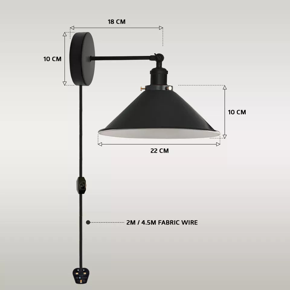 Industrial Plug-in Wall Lamp with Dimmer Switch and Long 4M Cord
