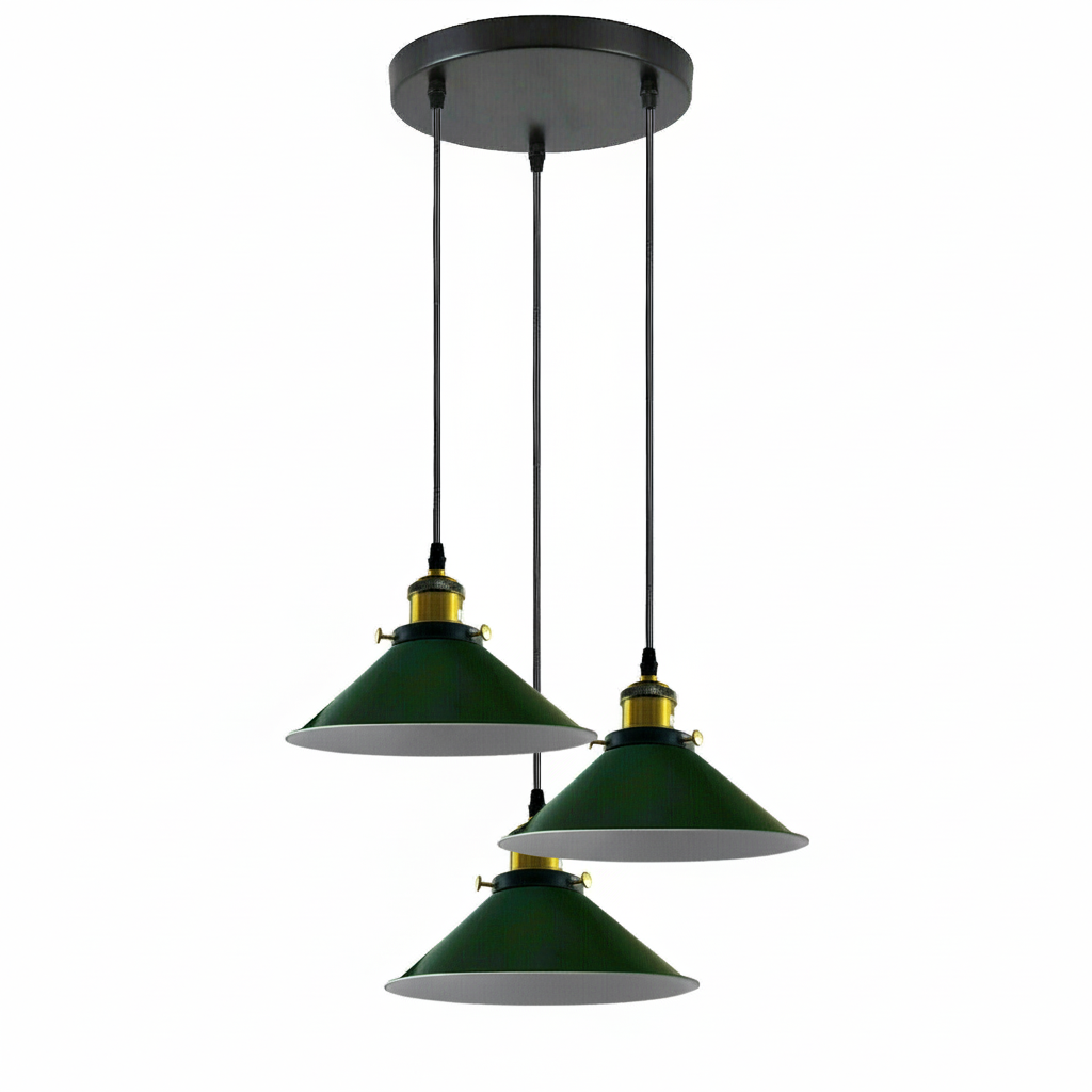 Dimmable Industrial 3-Head Metal Cone Shade Pendant Light with Adjustable Cables