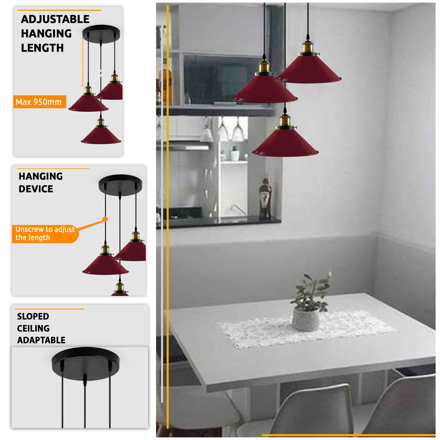 Stylish 3-Way Adjustable Cone Pendant Light Fixture for E27 Bulbs