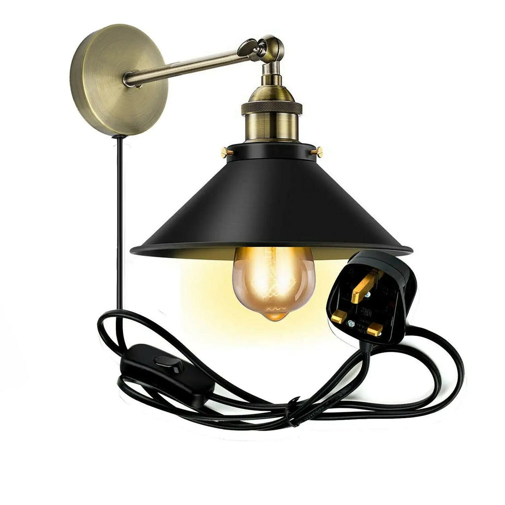 Dimmable Plug-in Industrial Wall Sconce with Vintage Black Metal Shade