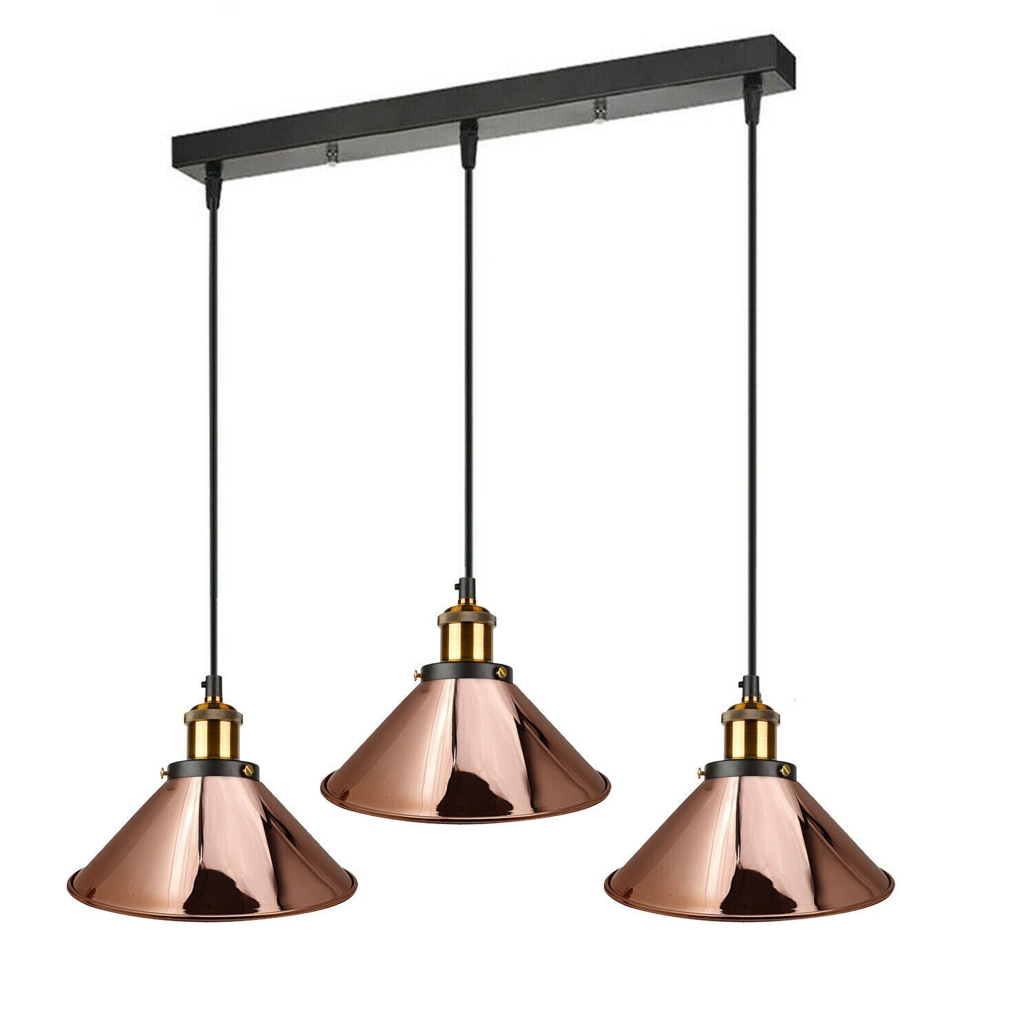 Industrial Rose Gold 3-Head Pendant Light Fixture with Adjustable Cables