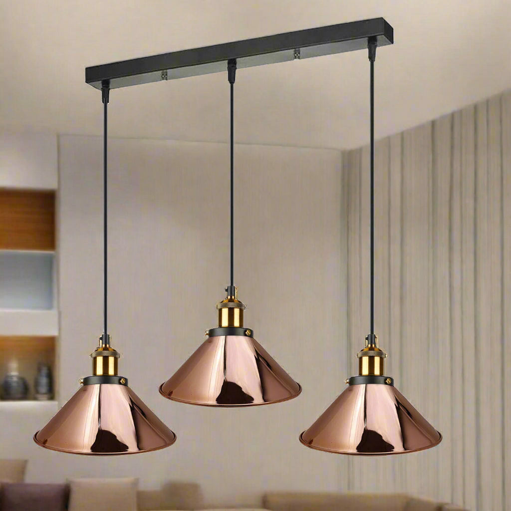 Industrial Rose Gold 3-Head Pendant Light Fixture with Adjustable Cables