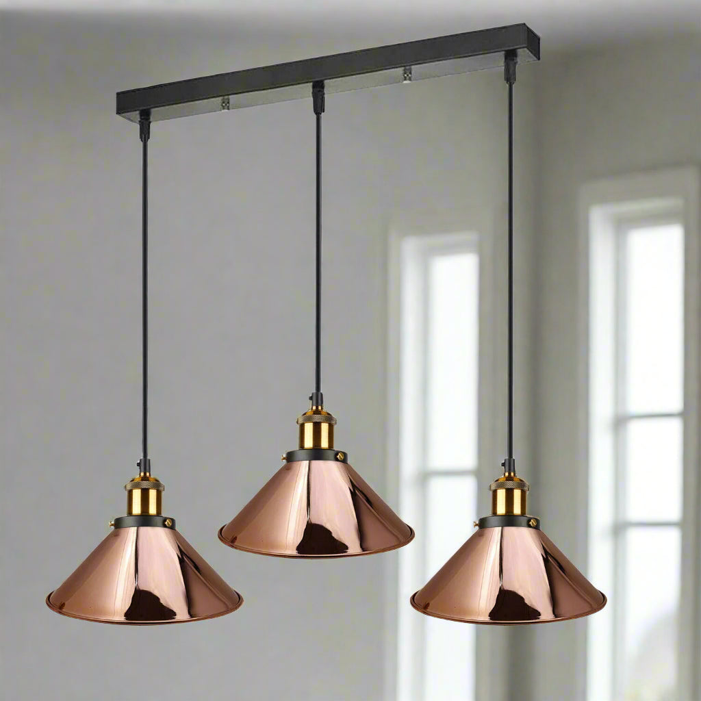 Industrial Rose Gold 3-Head Pendant Light Fixture with Adjustable Cables