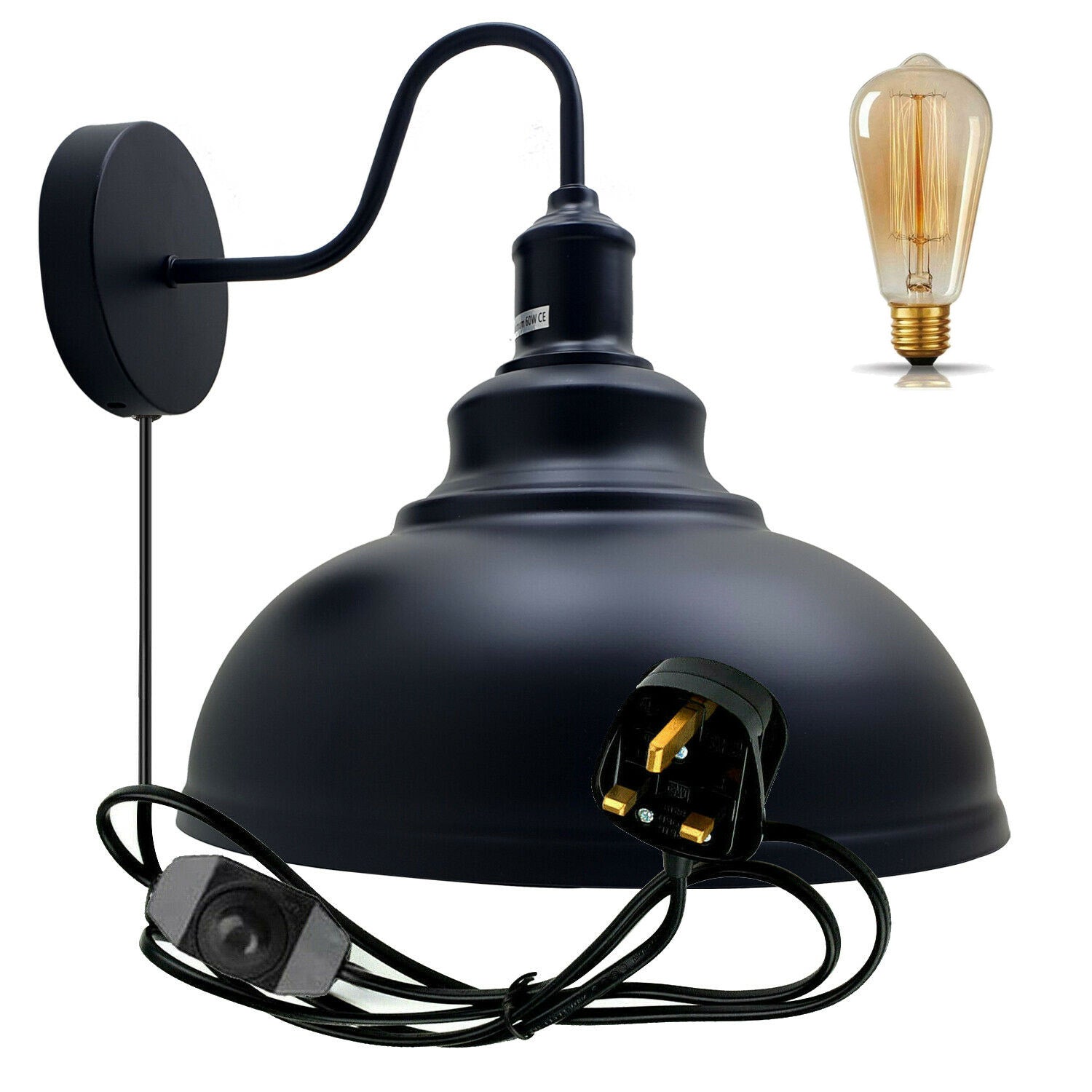 2m Black Plug-in Industrial Wall Sconce Light with Dimmer Switch