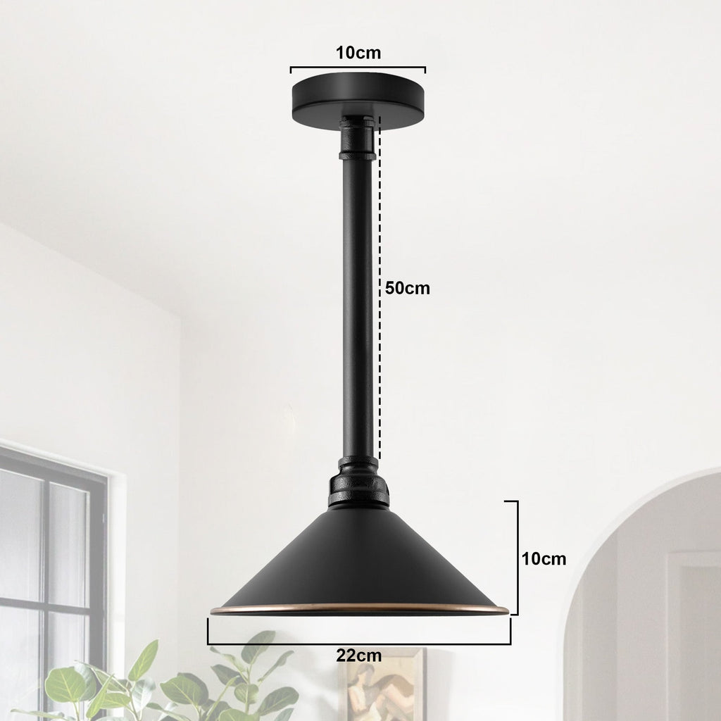 Vintage Black Metal Cone Shade Long Pipe Ceiling Light E27 Base