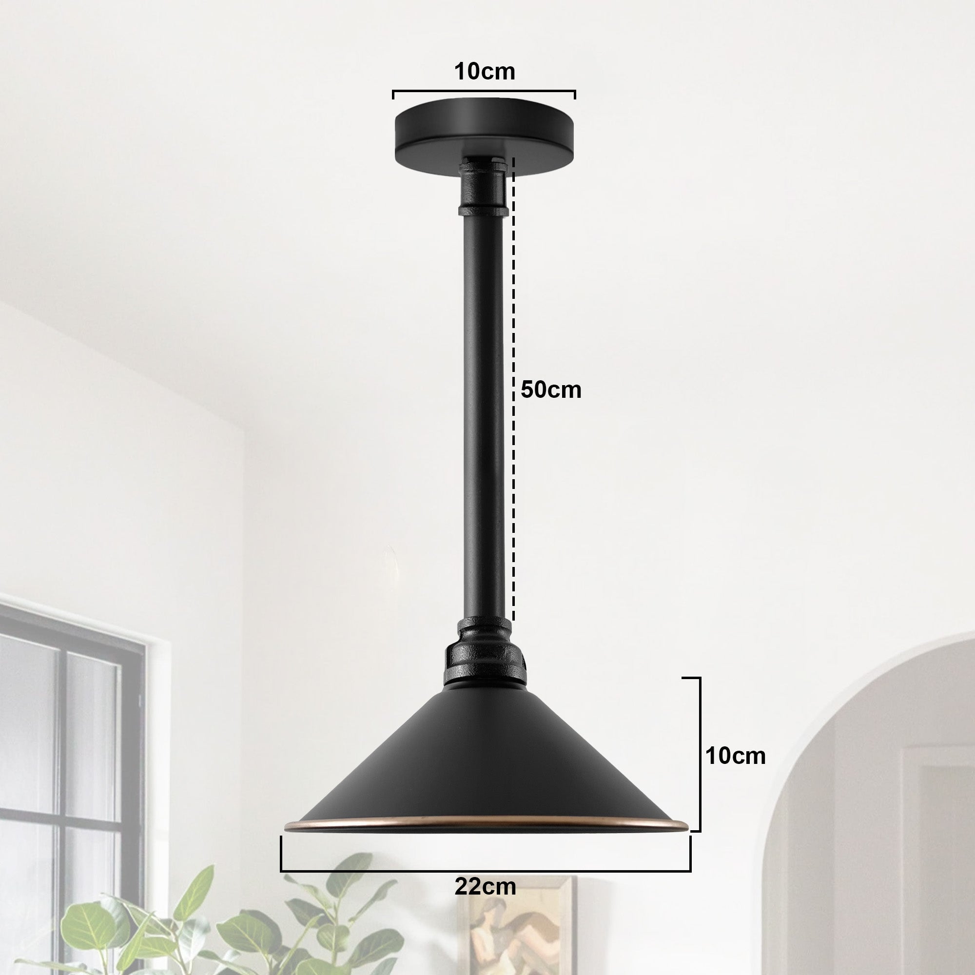 Vintage Black Metal Cone Shade Long Pipe Ceiling Light E27 Base