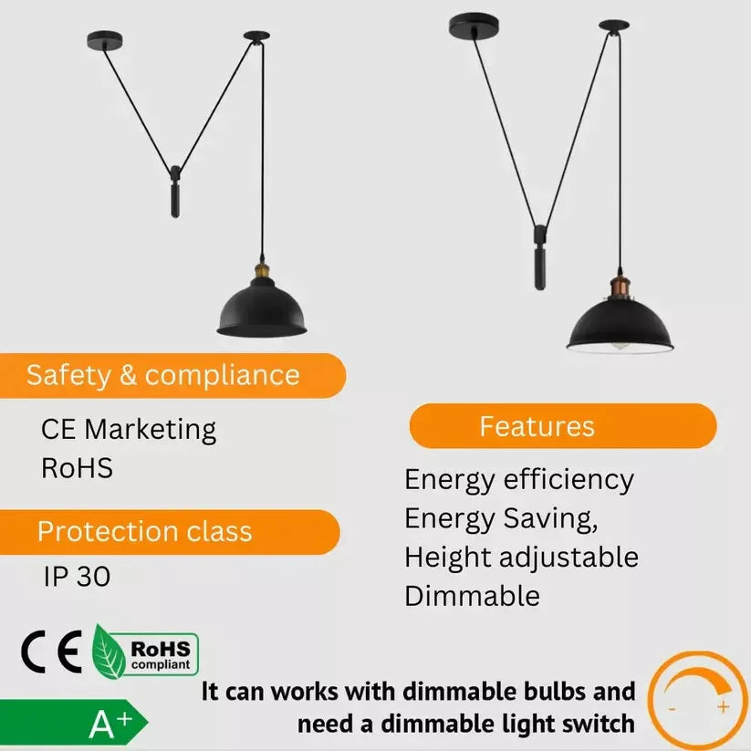 Vintage Industrial Loft Black Metal Pendant Light with E27 Holder, Adjustable Cable