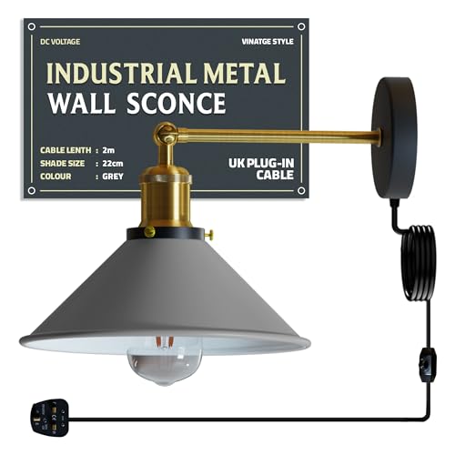 Industrial Indoor Plug-in Wall Light with Dimmer Switch, Adjustable Metal Shade
