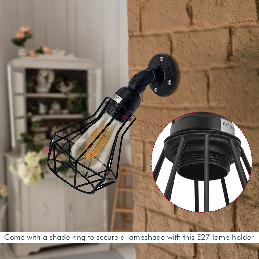 Industrial Water Pipe Wall Lamp Holder E27 Base, Retro Vintage Style Black Metal