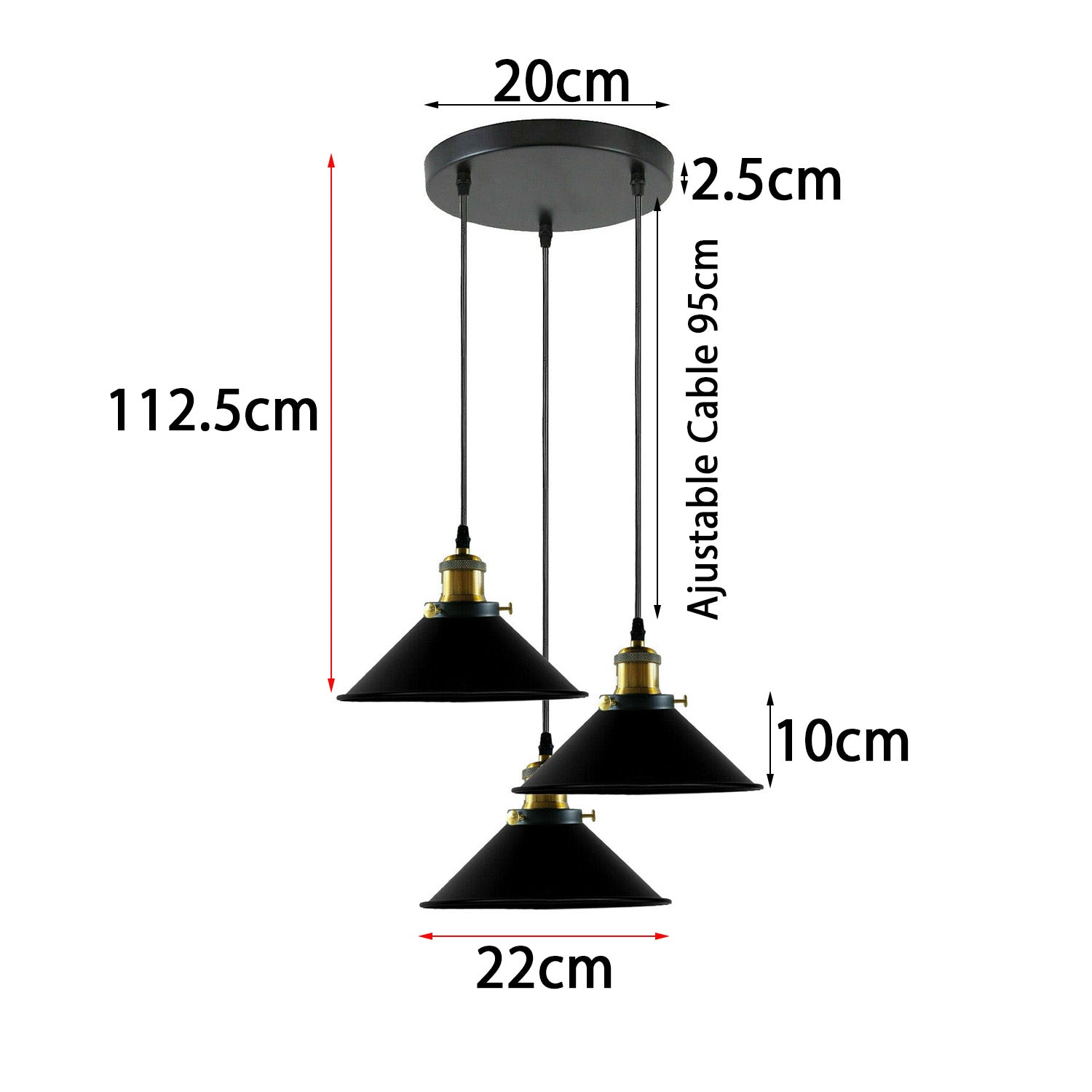 Dimmable Industrial 3-Head Metal Cone Shade Pendant Light with Adjustable Cables