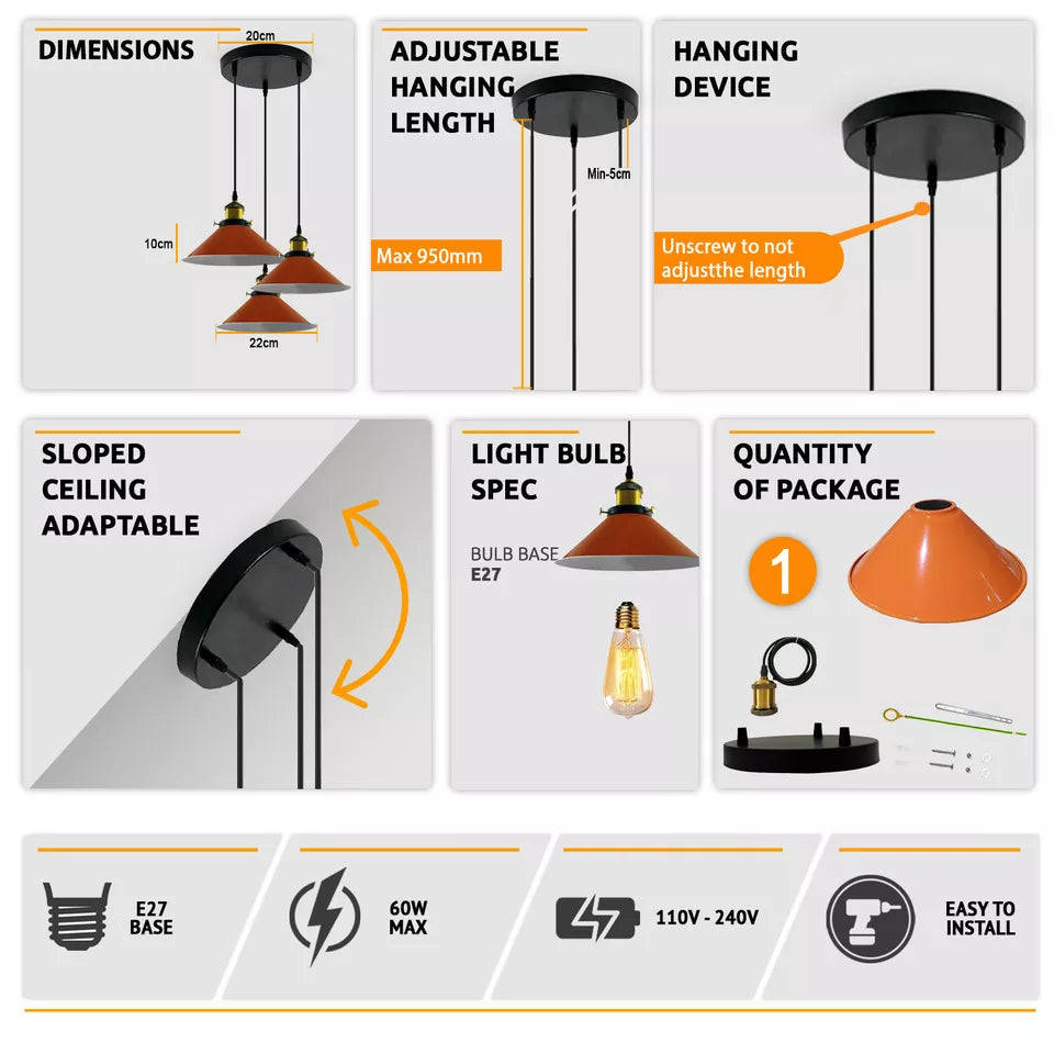 Industrial 3 Head Metal Cone Shade Vintage Ceiling Pendant Light