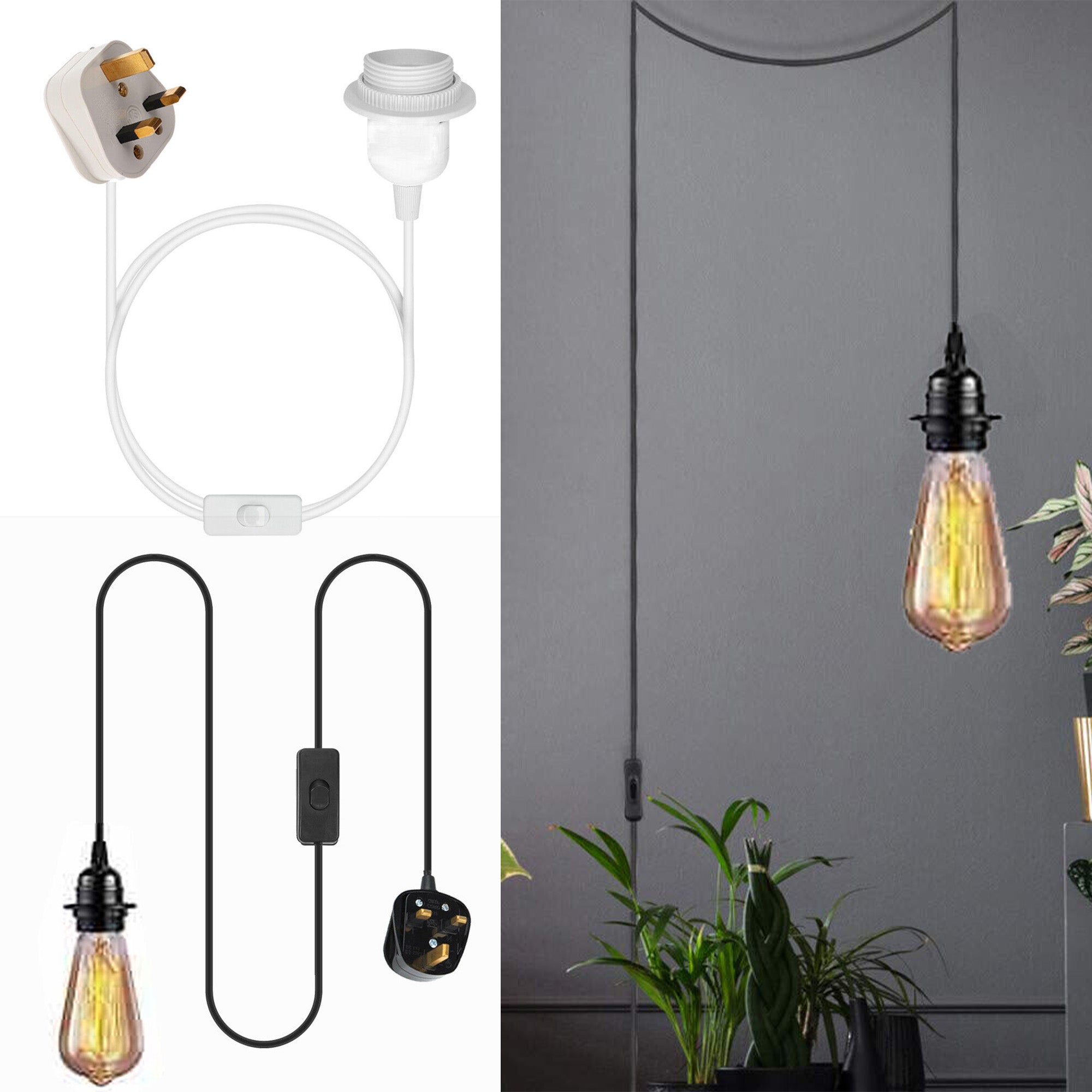 2m Plug-In E27 Lamp Holder Cable Kit with Inline Switch
