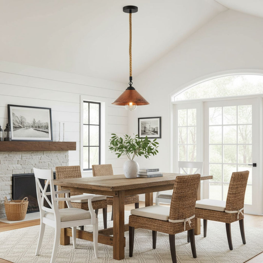 Industrial Metal Pendant Light with Vintage Hemp Rope Suspension
