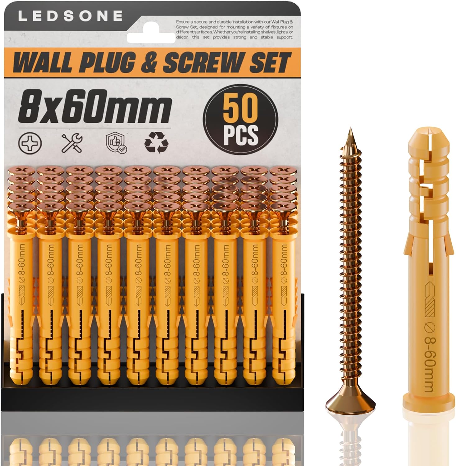 LEDSone Assorted Plastic Wall Plugs and Steel Screw Set for Drywall