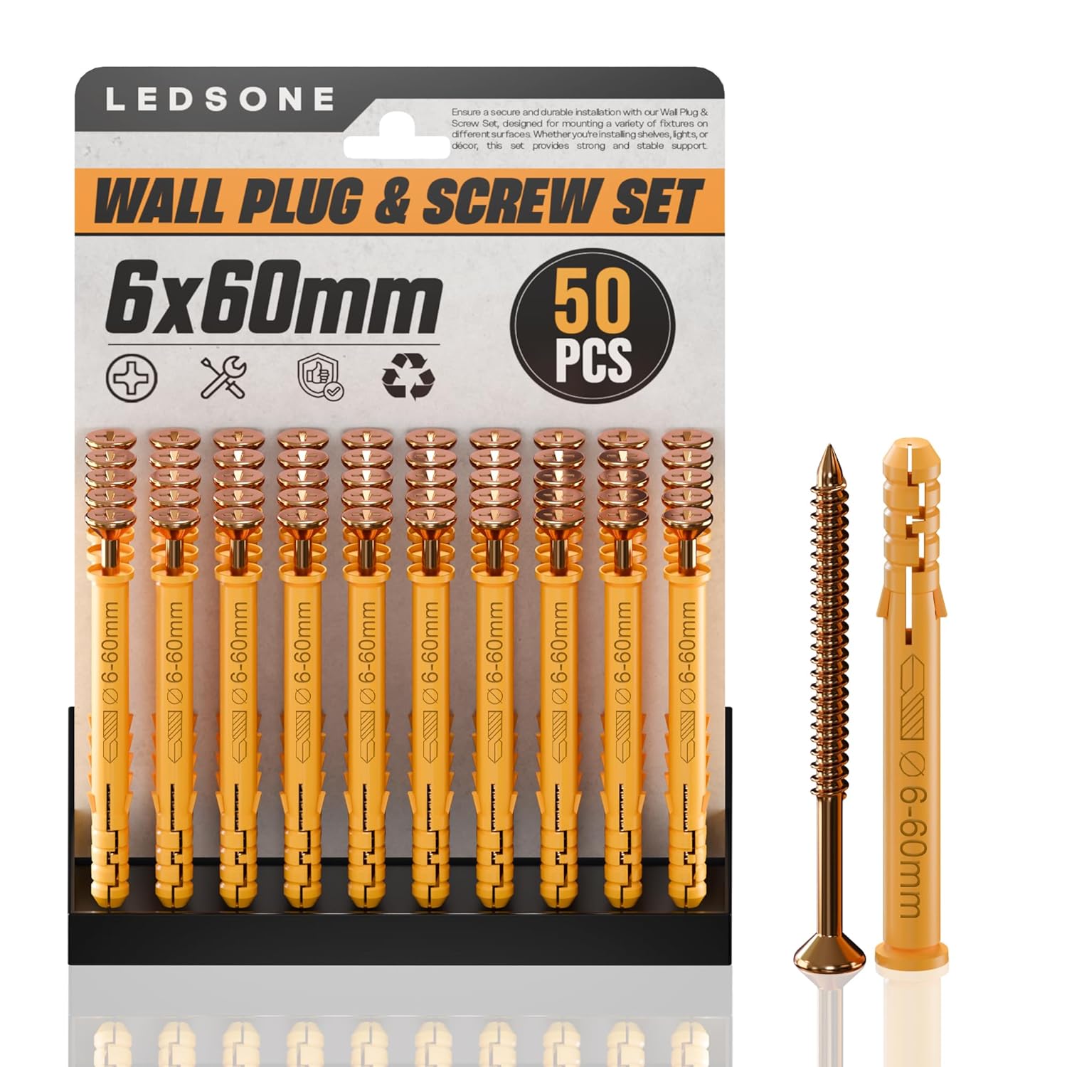 LEDSone Assorted Plastic Wall Plugs and Steel Screw Set for Drywall