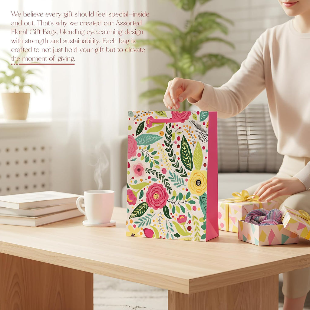 Assorted Floral Gift Bags Multipack Elegant Kraft Paper Handles All Occasions