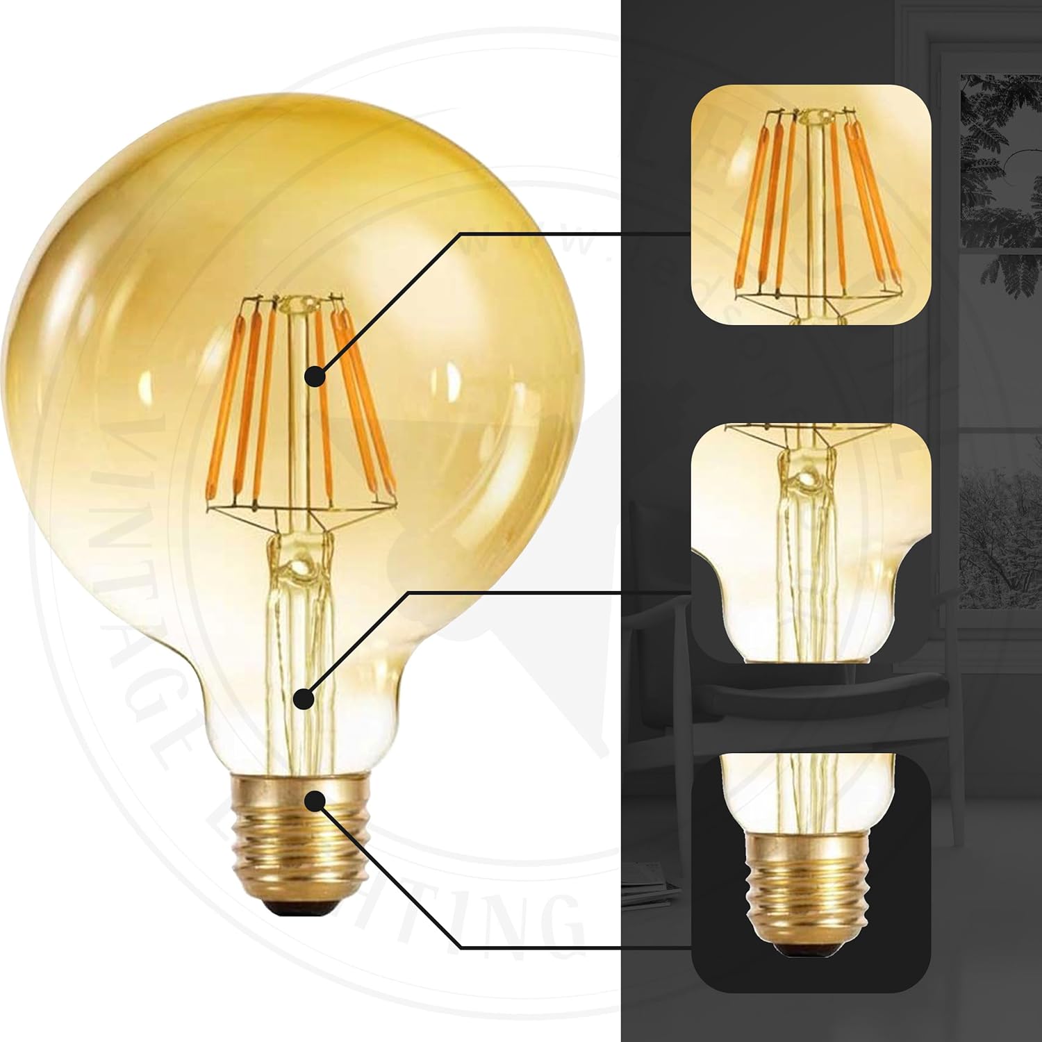 Vintage G125 8W LED Filament Globe Bulb, Amber Glass, E27 Screw Base