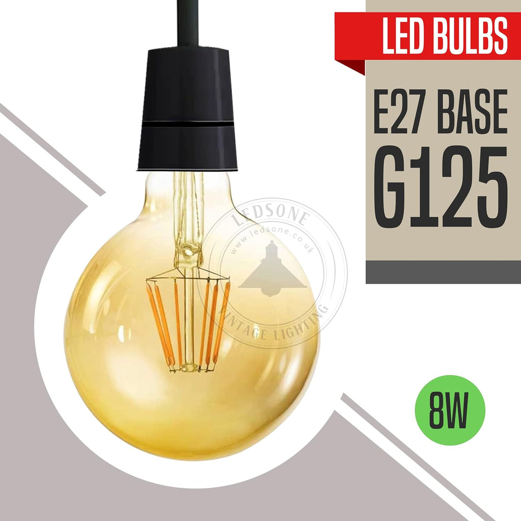 Vintage G125 8W LED Filament Globe Bulb, Amber Glass, E27 Screw Base