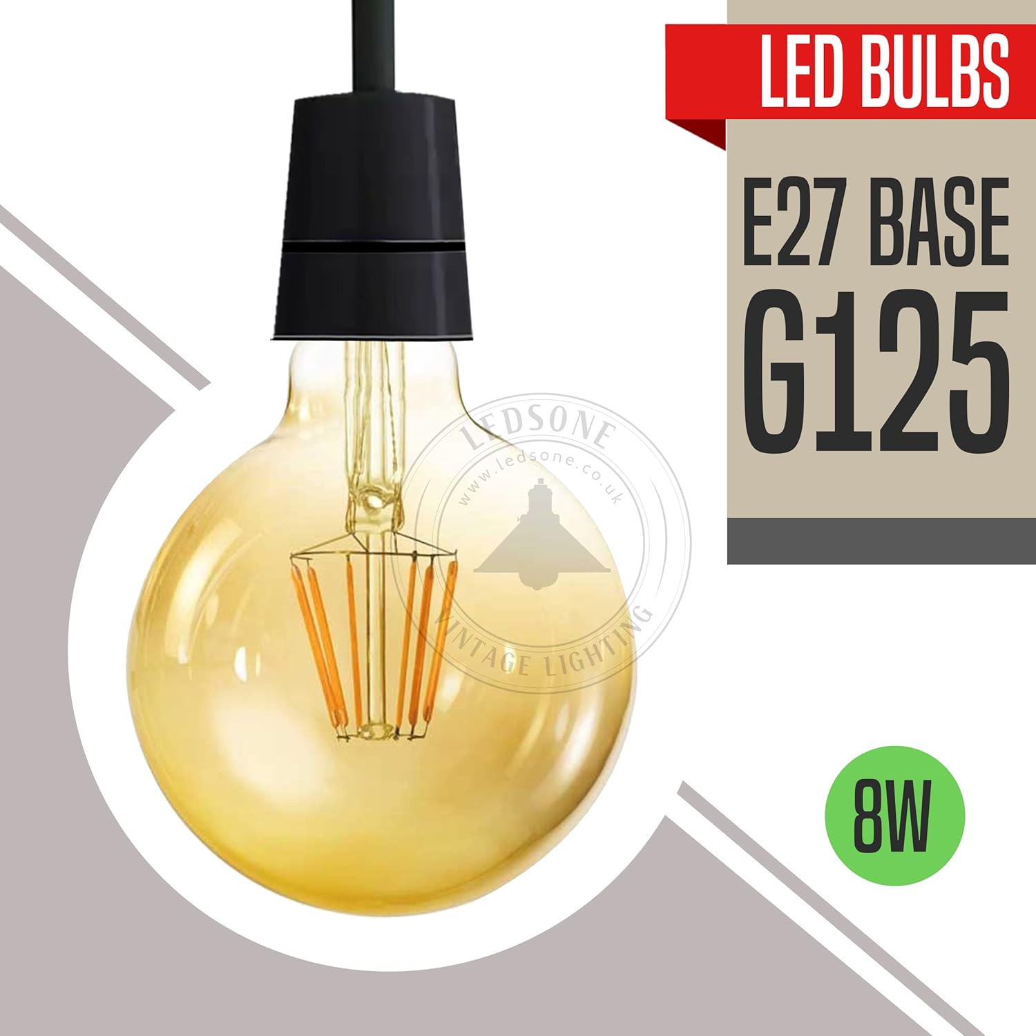 Vintage G125 8W LED Filament Globe Bulb, Amber Glass, E27 Screw Base