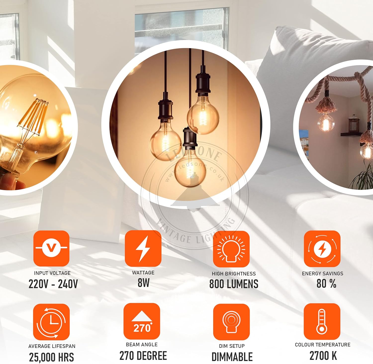 Vintage G125 8W LED Filament Globe Bulb, Amber Glass, E27 Screw Base
