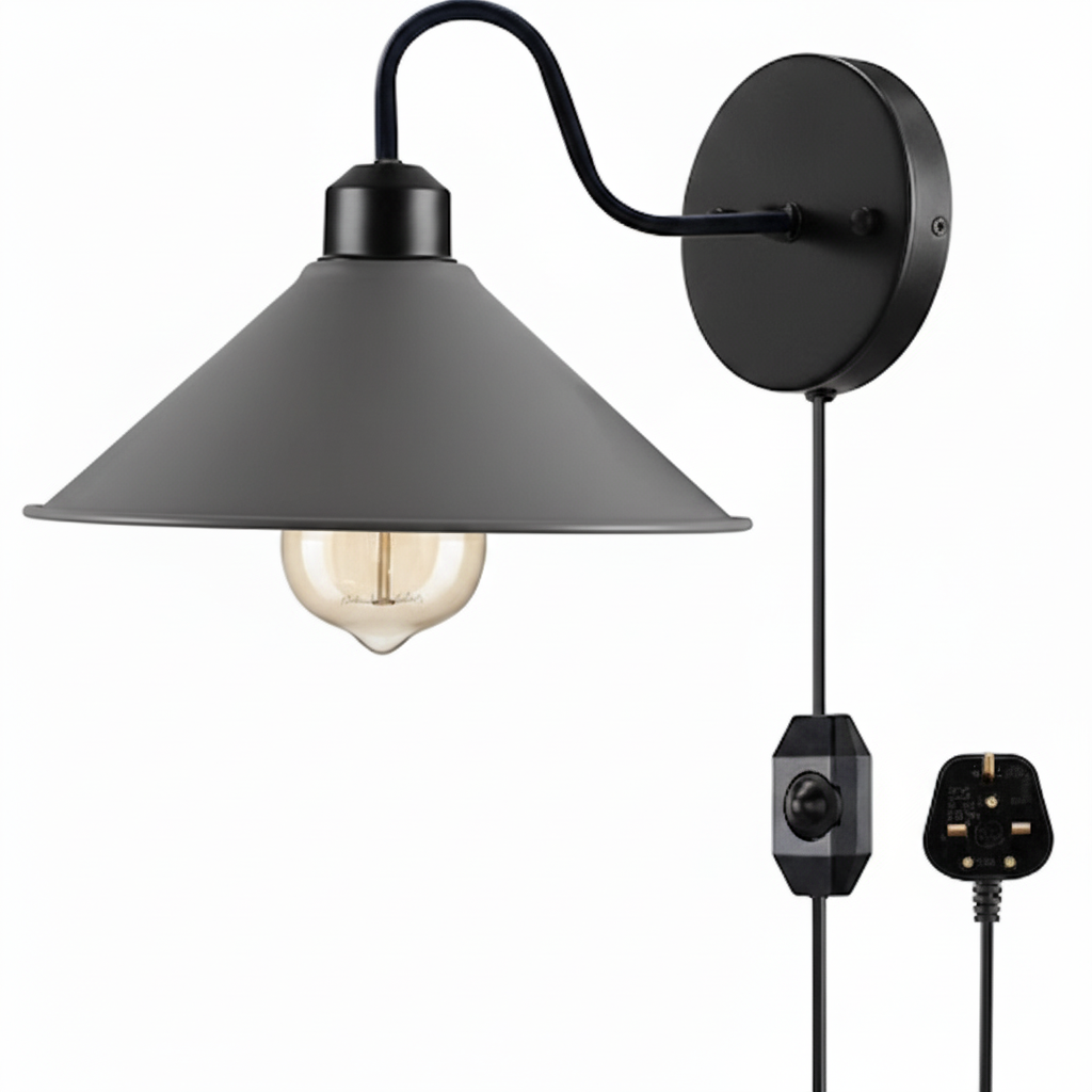 E27 Plug-in Dimmable Wall Light with Fabric Cord, Industrial Metal Design