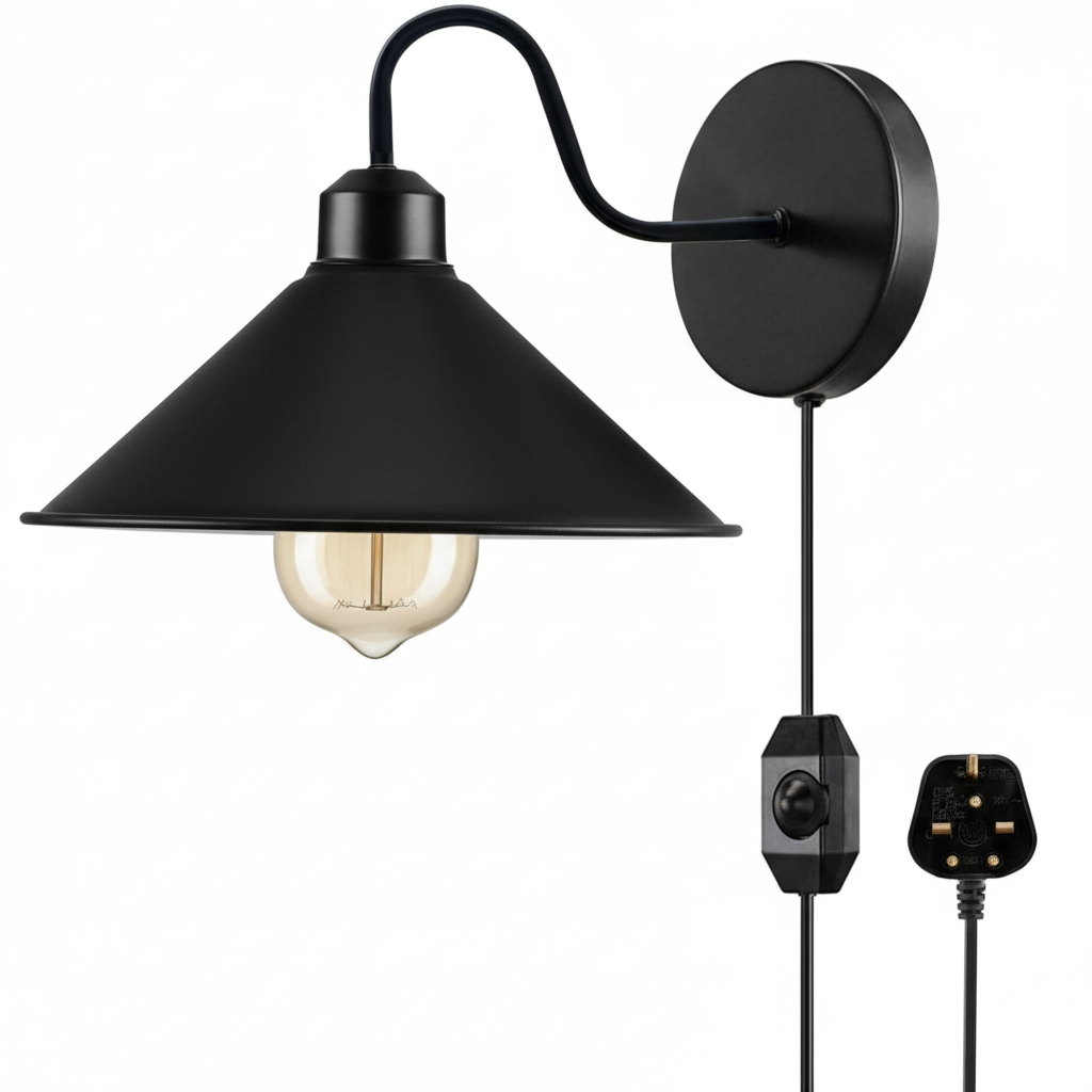 E27 Plug-in Dimmable Wall Light with Fabric Cord, Industrial Metal Design