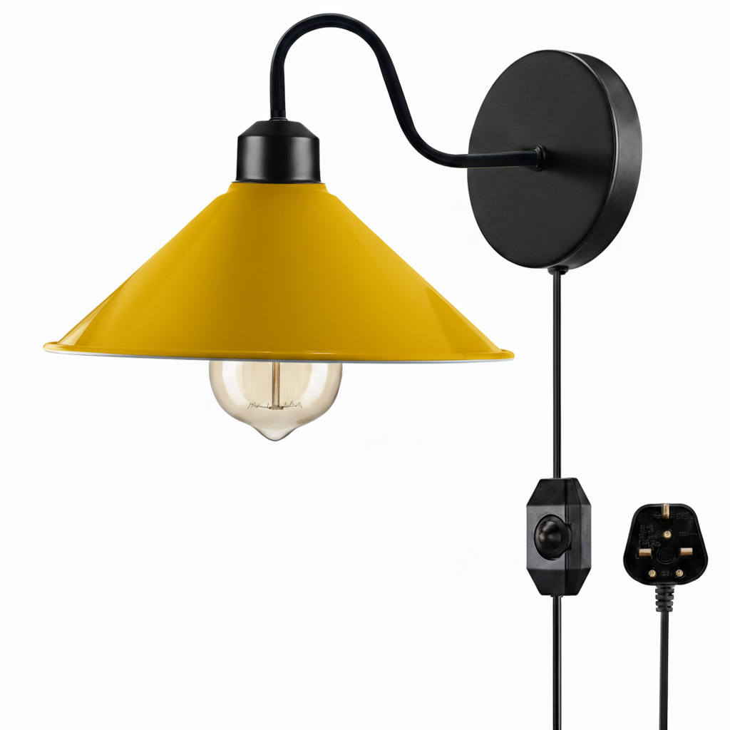 E27 Plug-in Dimmable Wall Light with Fabric Cord, Industrial Metal Design