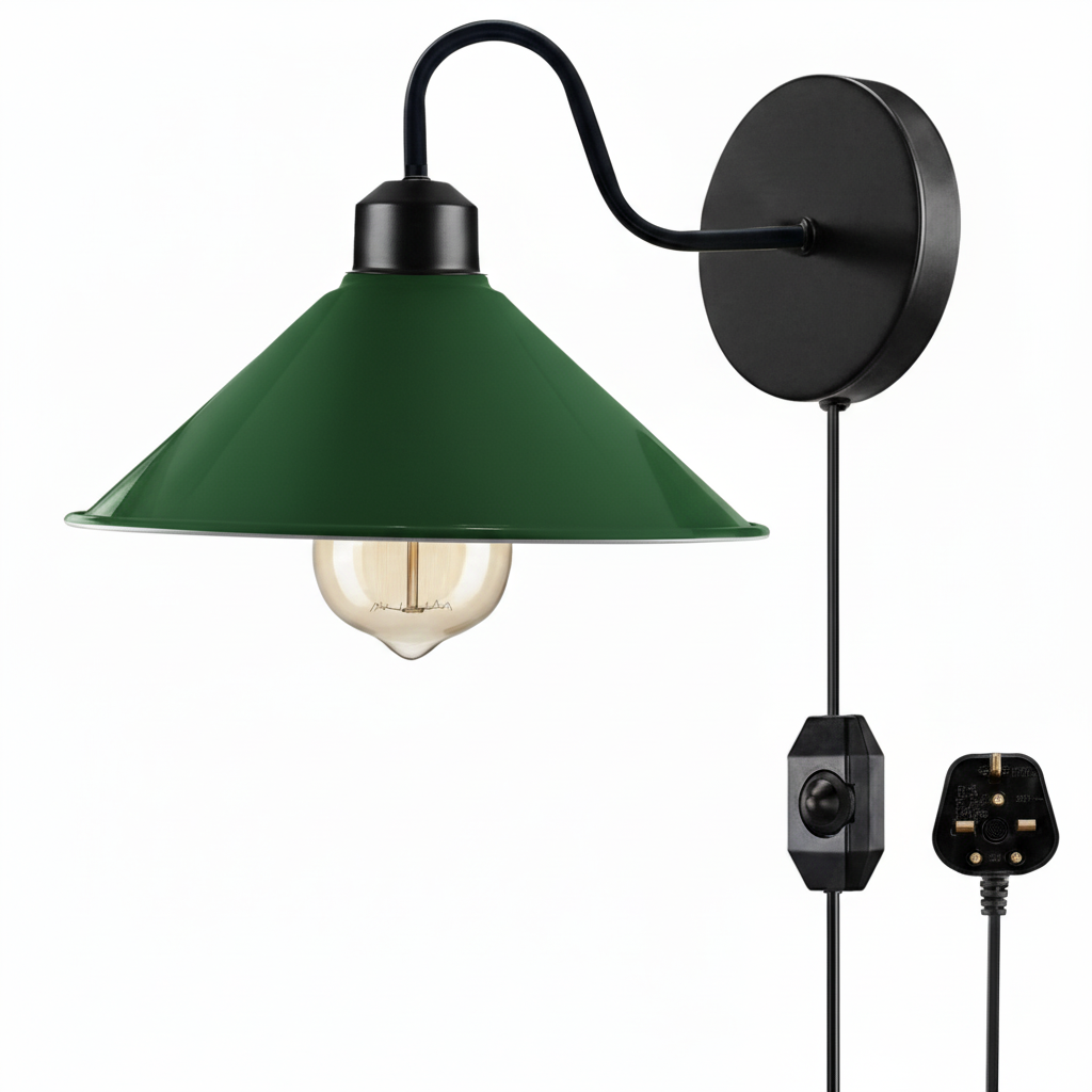 E27 Plug-in Dimmable Wall Light with Fabric Cord, Industrial Metal Design