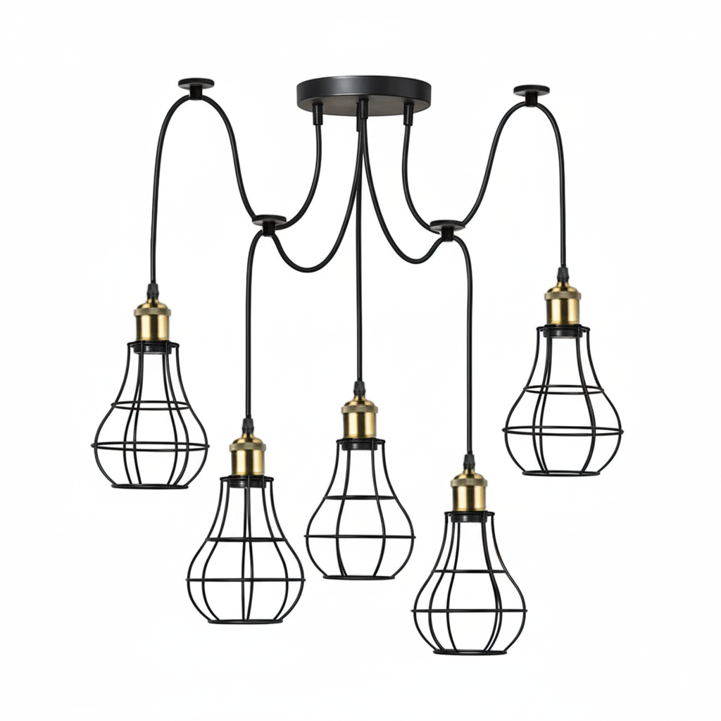 5-Way Indoor Spider Pendant Light Fixture, Adjustable Hanging Ceiling Lamp Black