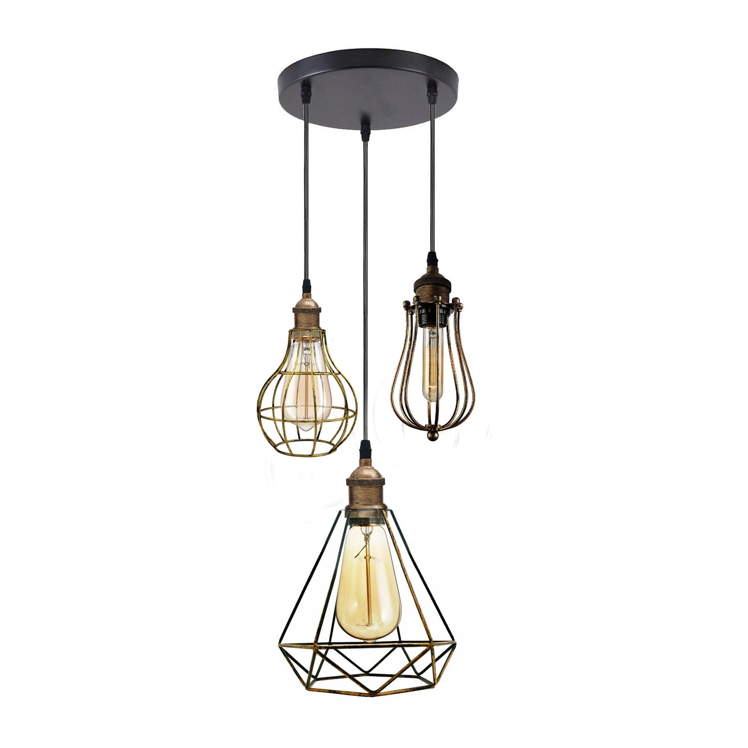 Modern Industrial Cage 3-Light Pendant Lamp for Kitchen Island Dining Room