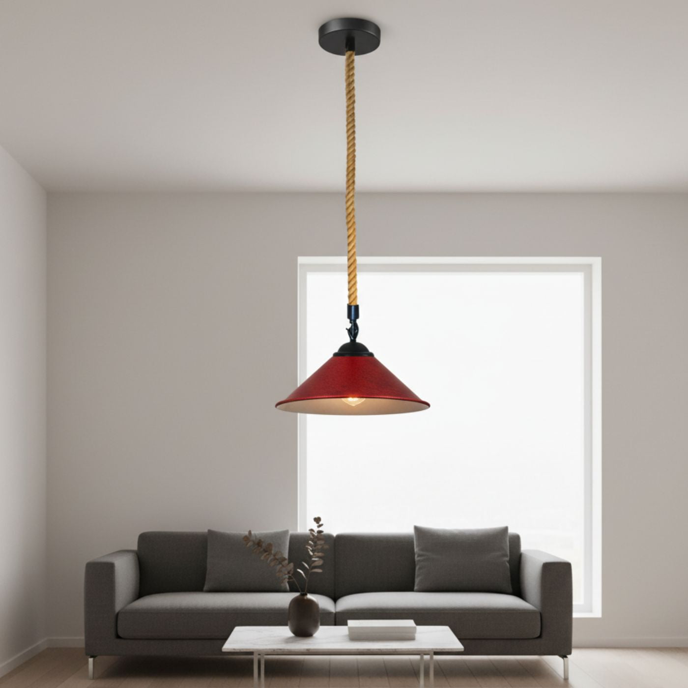 Industrial Metal Pendant Light with Vintage Hemp Rope Suspension