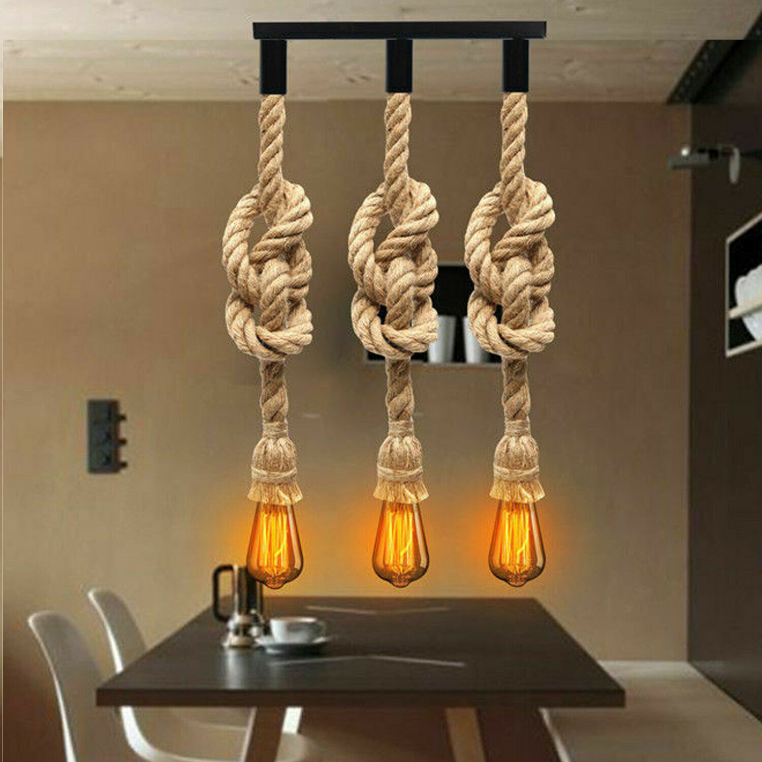 Vintage Industrial Loft Style Hemp Rope 3-Head Cluster Ceiling Pendant Light