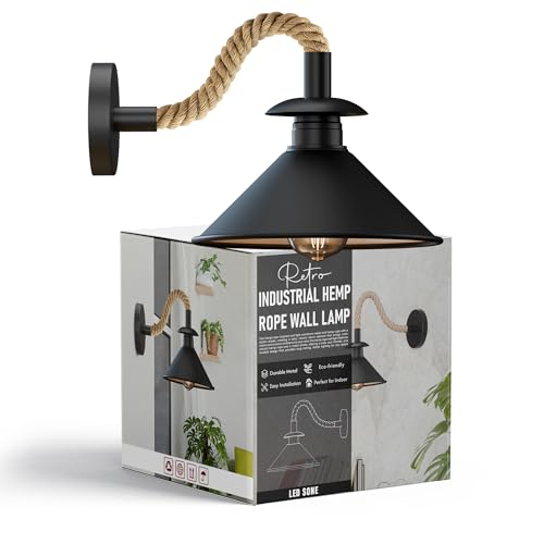 Industrial Black Cone Wall Light, E27 Hemp Rope Detail Rustic Sconce