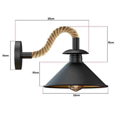Industrial Black Cone Wall Light, E27 Hemp Rope Detail Rustic Sconce