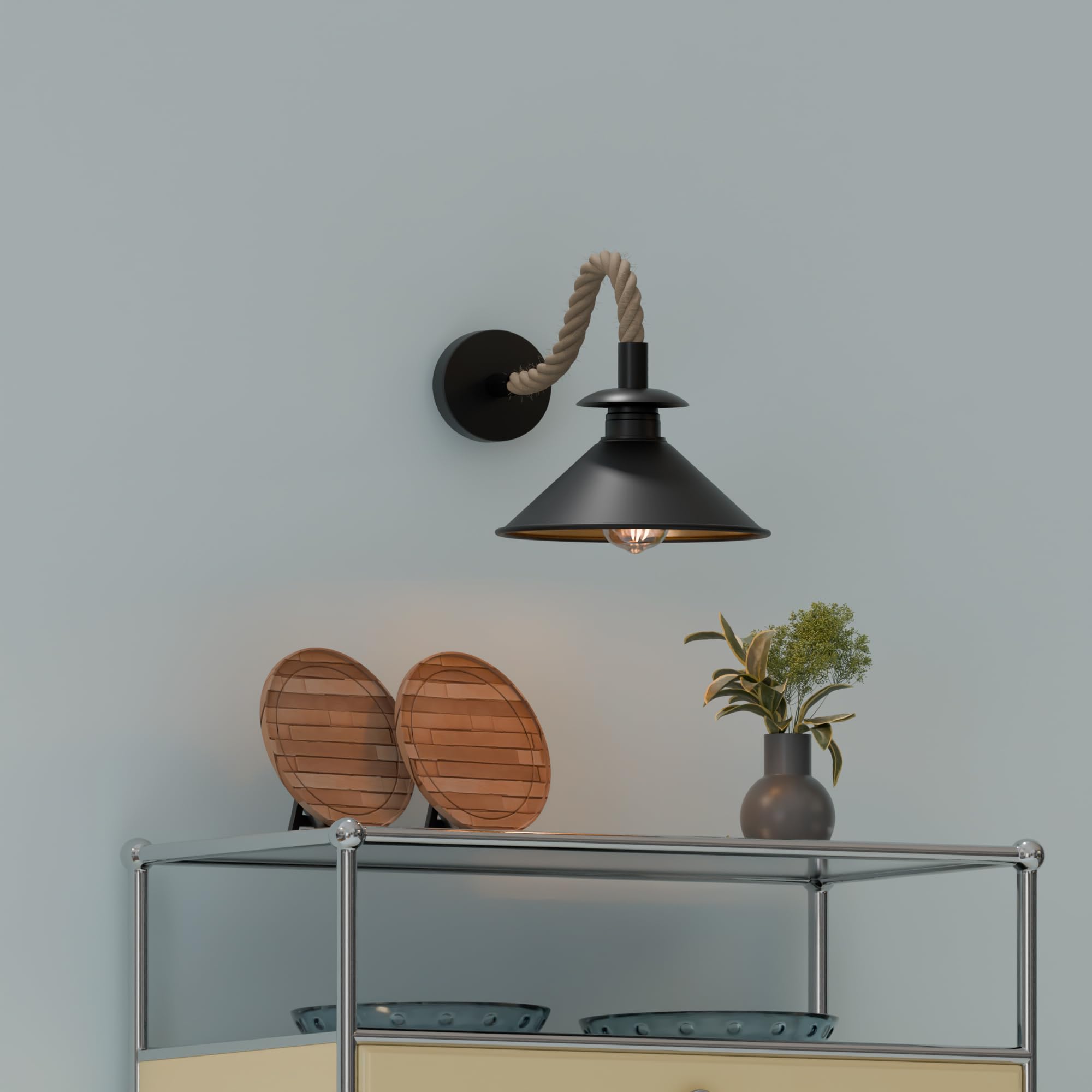 Industrial Black Cone Wall Light, E27 Hemp Rope Detail Rustic Sconce