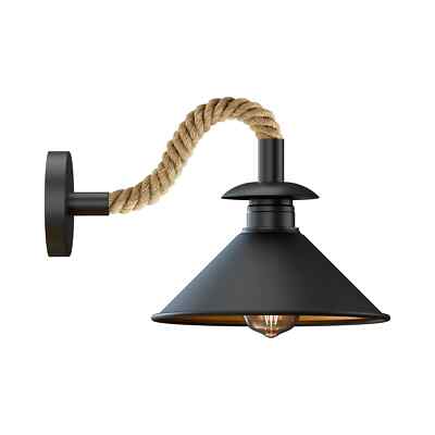 Industrial Black Cone Wall Light, E27 Hemp Rope Detail Rustic Sconce
