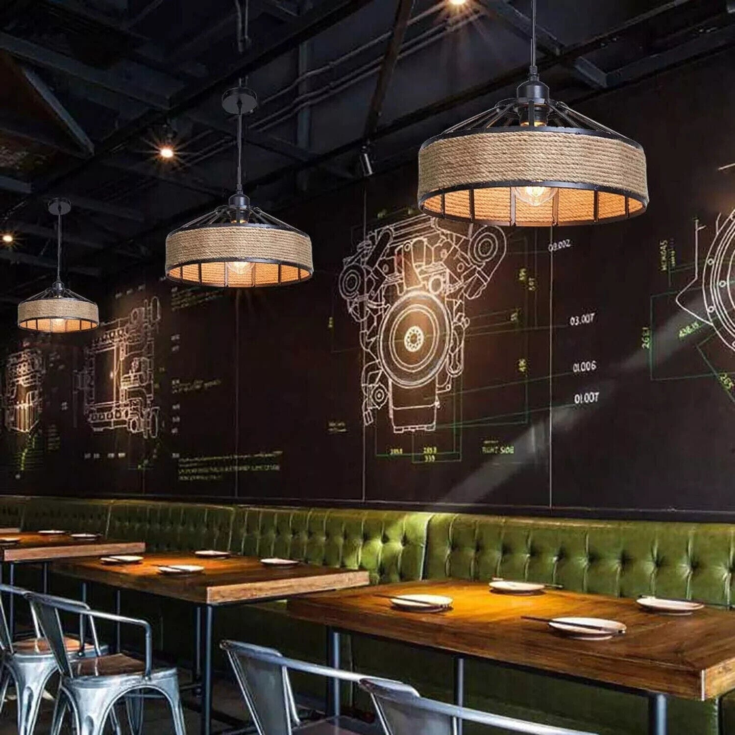 Vintage Loft Pendant Lights | Hemp Rope & Iron Retro Lamps ~5949