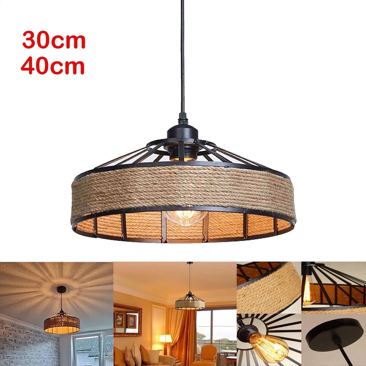 Industrial Retro Hemp Rope and Iron Cage Pendant Ceiling Light