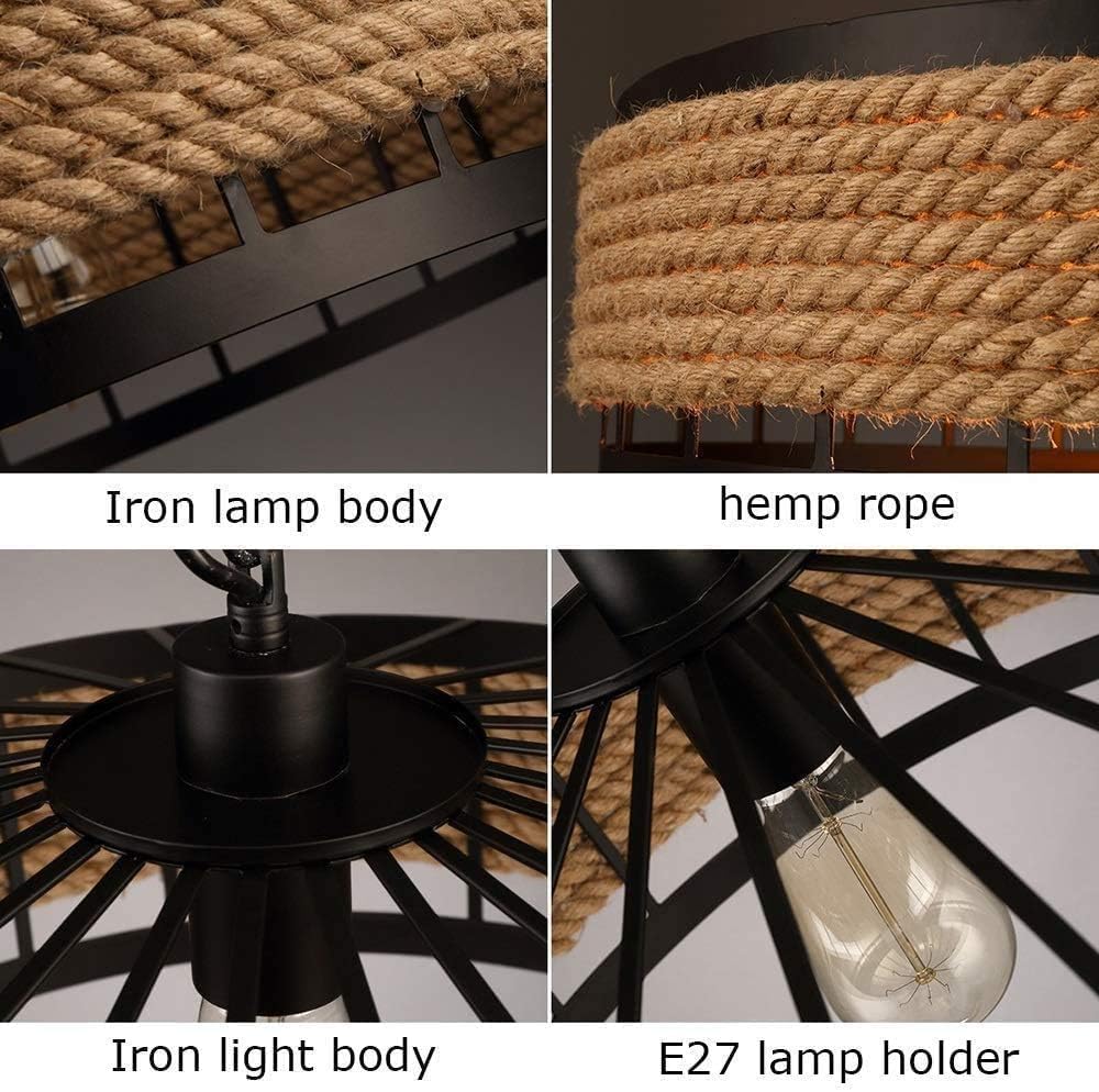 Industrial Retro Hemp Rope and Iron Cage Pendant Ceiling Light