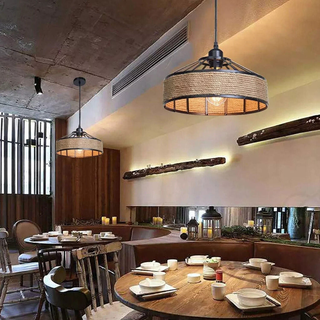 Industrial Retro Hemp Rope and Iron Cage Pendant Ceiling Light