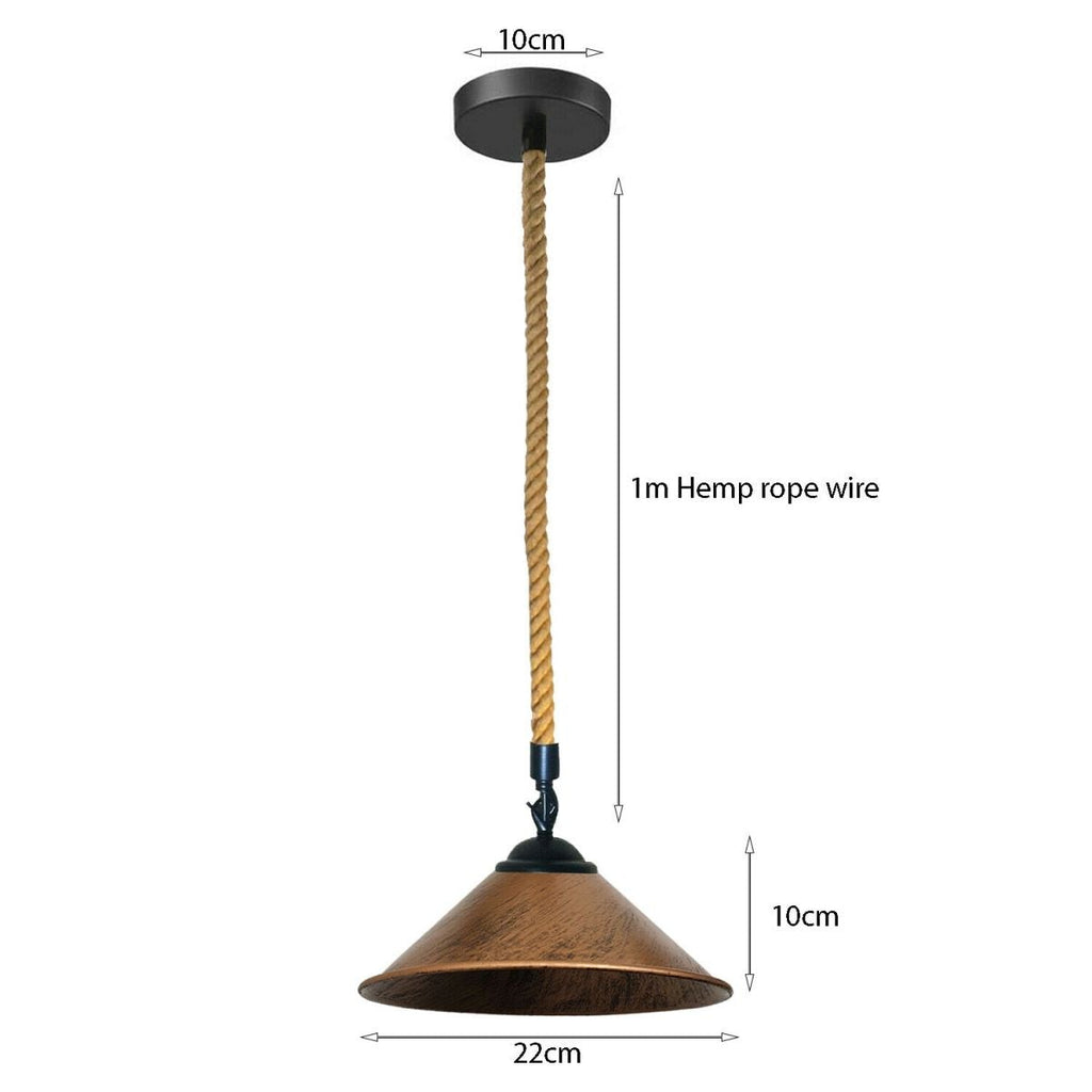 Industrial Metal Pendant Light with Vintage Hemp Rope Suspension