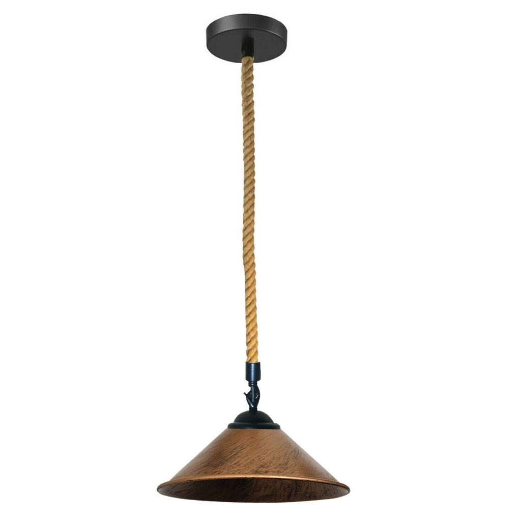 Industrial Metal Pendant Light with Vintage Hemp Rope Suspension