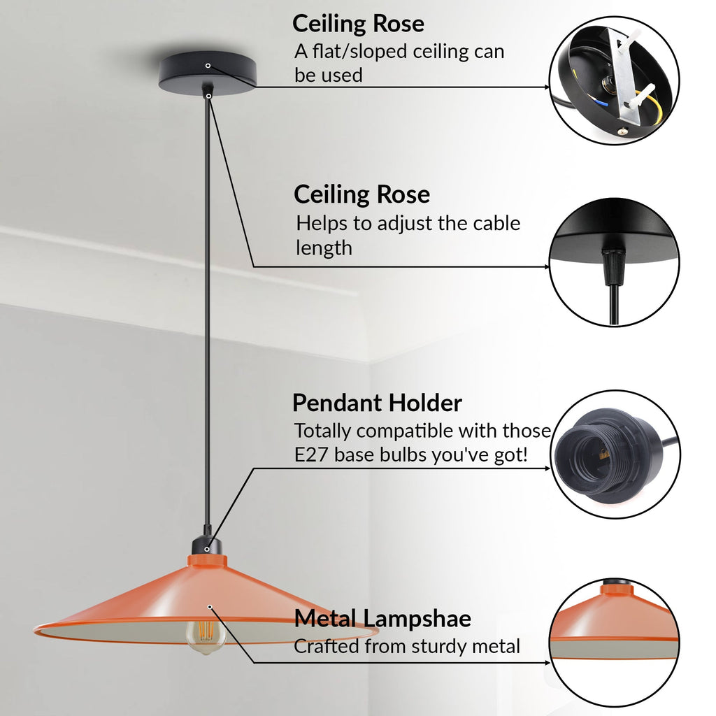 Retro Flat Cone Metal Pendant Light Fixture, Adjustable Cable, E27 Socket