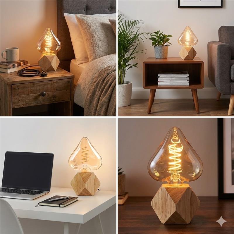 Small Wooden Table Lamp with Ambient Decorative LED Bulb