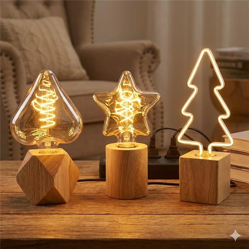 Small Wooden Table Lamp with Ambient Decorative LED Bulb