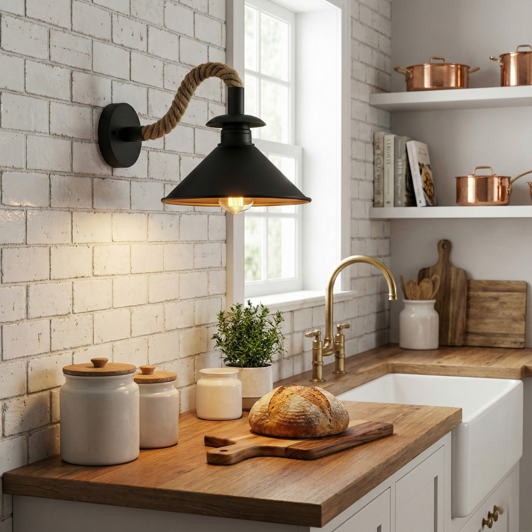 Industrial Black Cone Wall Light, E27 Hemp Rope Detail Rustic Sconce