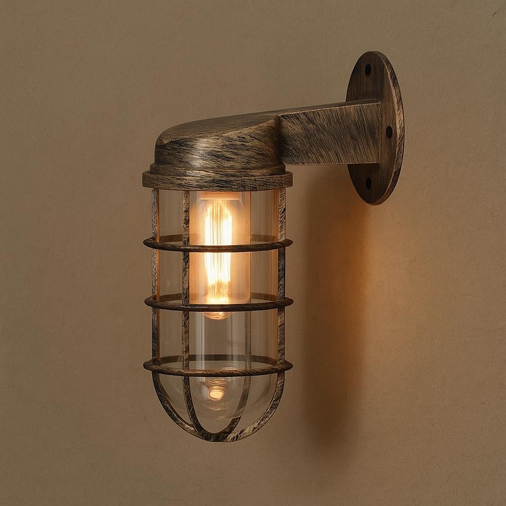 Industrial Bunker Bulkhead Cage Wall Sconce Light Fixture, Weatherproof Outdoor Metal Lamp