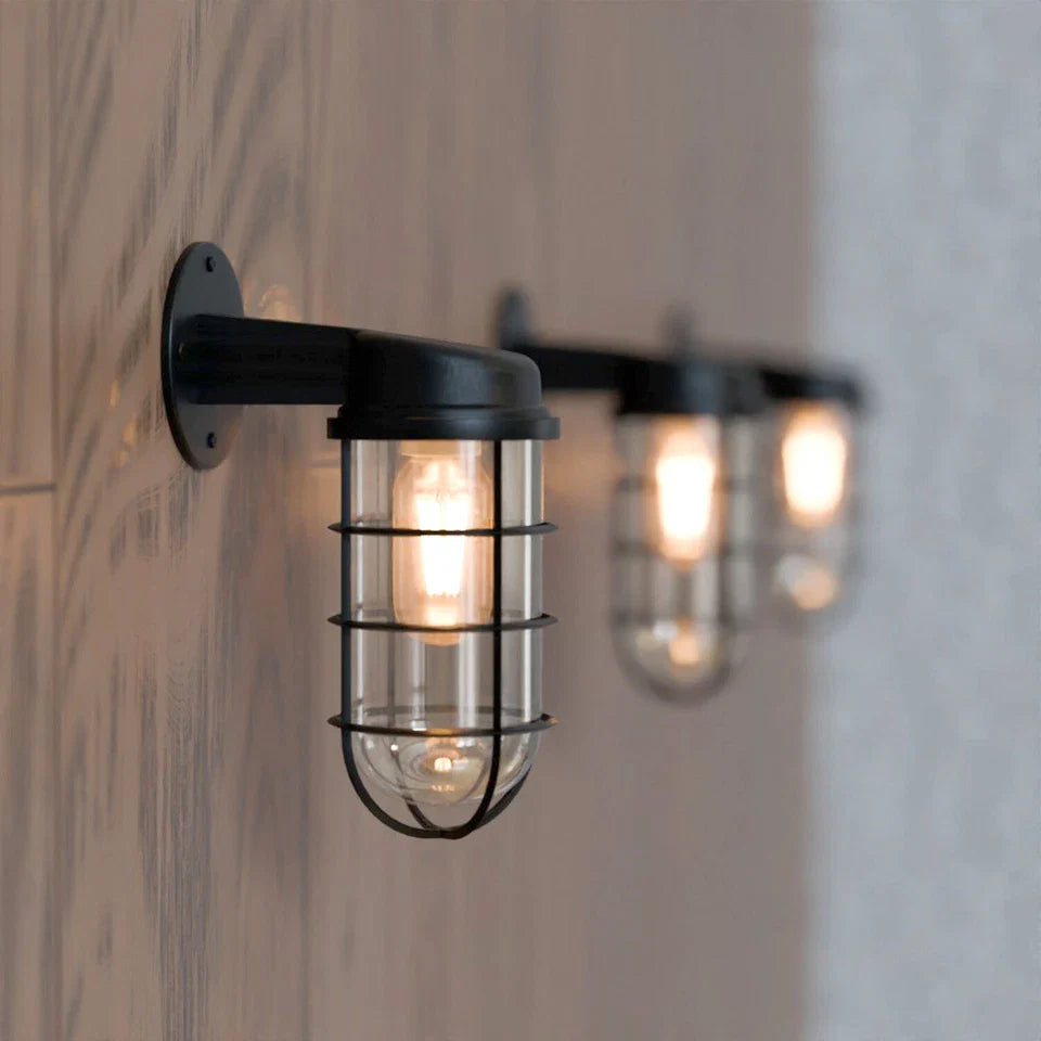 Industrial Bunker Bulkhead Cage Wall Sconce Light Fixture, Weatherproof Outdoor Metal Lamp