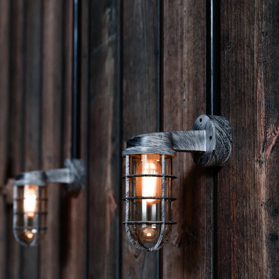 Industrial Bunker Bulkhead Cage Wall Sconce Light Fixture, Weatherproof Outdoor Metal Lamp